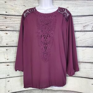 Maurices Purple Crochet Lace Blouse Long Sleeve Size 2 Sheer Feminine Boho Top